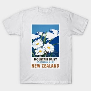 Vintage Travel Poster New Zealand Mountain Daisy Southern Alps T-Shirt